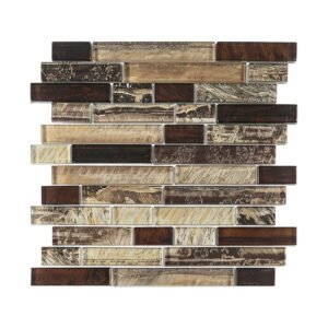 Rustic brown and cream staggered glass strip mosaic on white background