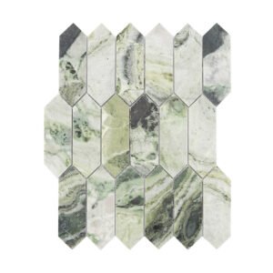 Sage green and white marble elongated hexagon mosaic tile in a full sheet view