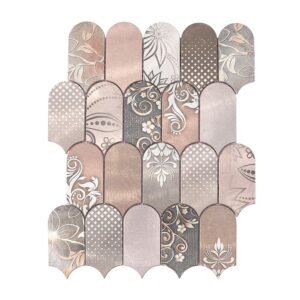 Full sheet of rose gold scallop aluminum tile with decorative etched motifs