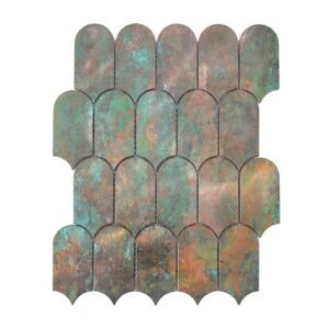 Full sheet of scallop aluminum tile with aged copper and green metal tones