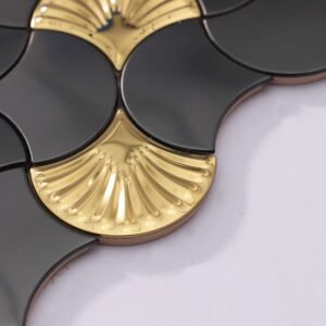 Mosaikfliesen aus Edelstahl – Schwarz / Goldfarben, Fächerform, für Wände