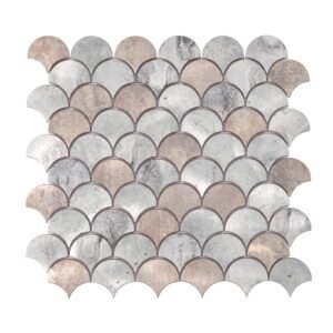 Front view of silver and copper mix fish scale aluminum mosaic wall tiles