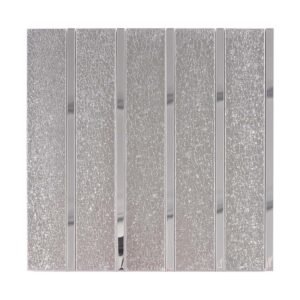 Silver glitter and glossy vertical stacked mosaic tile strips on white