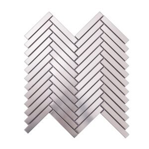 Front view of brushed silver herringbone metal tile