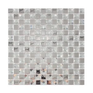 Full sheet of silver metal and glass square faceted mosaic tile