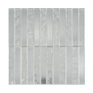 Front view of a square silver metallic linear glass strip mosaic tile sheet.