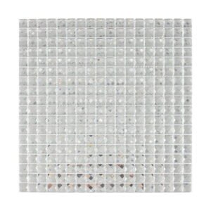 Front view of a full sheet of reflective silver square mirror glass mosaic tiles.