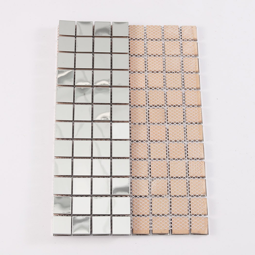 Back view of silver square mirror metal mosaic tile sheet with mesh backing