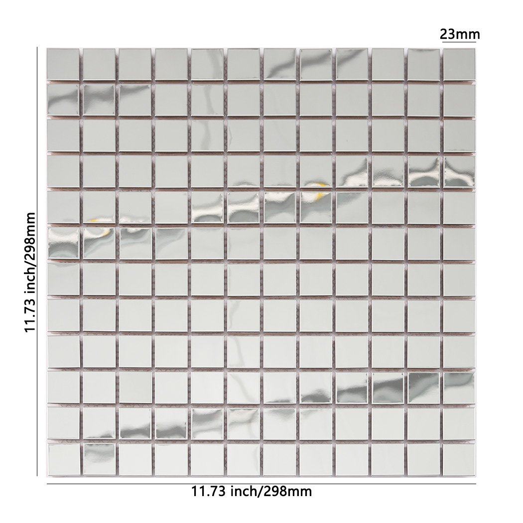 Silver square mirror metal mosaic tile sheet with 23mm chips and size markings