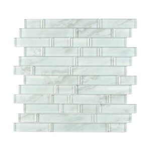 Soft aqua linear glass subway mosaic with staggered strip layout and pale veining