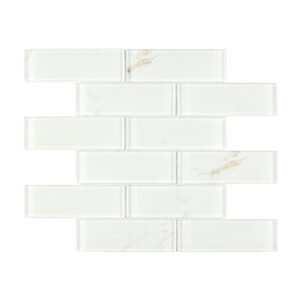 Soft white Calacatta glass subway tile sheet with pale gray veining