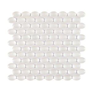 Soft white oval glass mosaic tile sheet on white mesh background