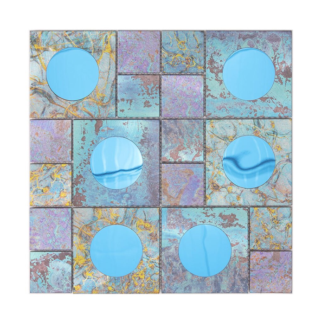 Mosaïque en verre et métal – bleu, rond, effet miroir, pour mur