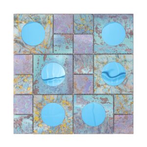 Top view of a square blue aluminum metal mosaic tile sheet with glass circular accents.