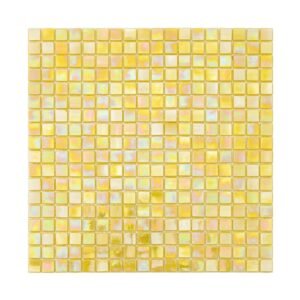 A full square sheet of iridescent yellow glass mosaic tiles against a white background.