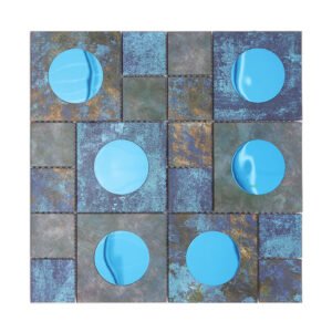 Top view of a square bronze aluminum metal mosaic tile sheet with blue glass accents.