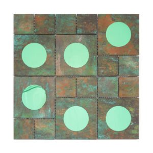 Top view of a square patina bronze aluminum metal mosaic sheet with green glass circles.