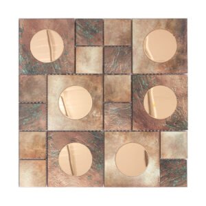Top view of a square patina bronze aluminum metal mosaic sheet with copper glass circles.
