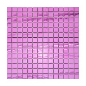 Close-up of stainless steel mirror purple mosaic tile sheet with glossy square pattern