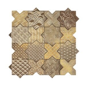 Full sheet top view of patterned gold star cross aluminum mosaic