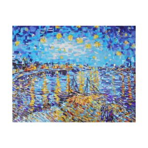 Mosaic artwork of a river under starry sky with boats