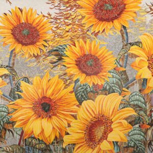 Handmade sunflower glass mosaic mural with yellow flowers and green leaves