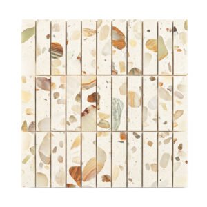 Front view of terrazzo mosaic tile sheet showing rectangular stone chips and natural colors