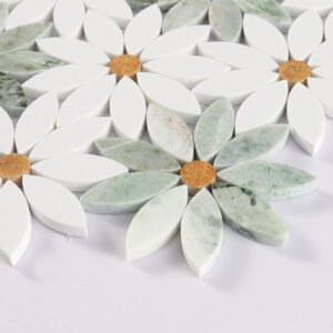 Mosaïque en marbre – blanc / vert, motif floral, pour sol — BJ-8C6A8EB3908D
