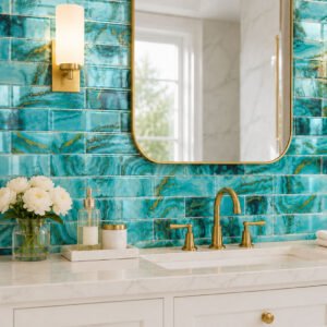 Turquoise agate glass subway tile vanity backsplash with gold fixtures