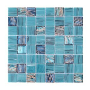 Full view of turquoise mosaic tile sheet with glossy and textured finish