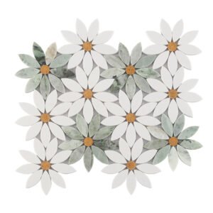 Full sheet of green and white daisy marble mosaic tile with golden flower centers