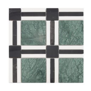 Full sheet of verde green square marble mosaic with black and white accent strips