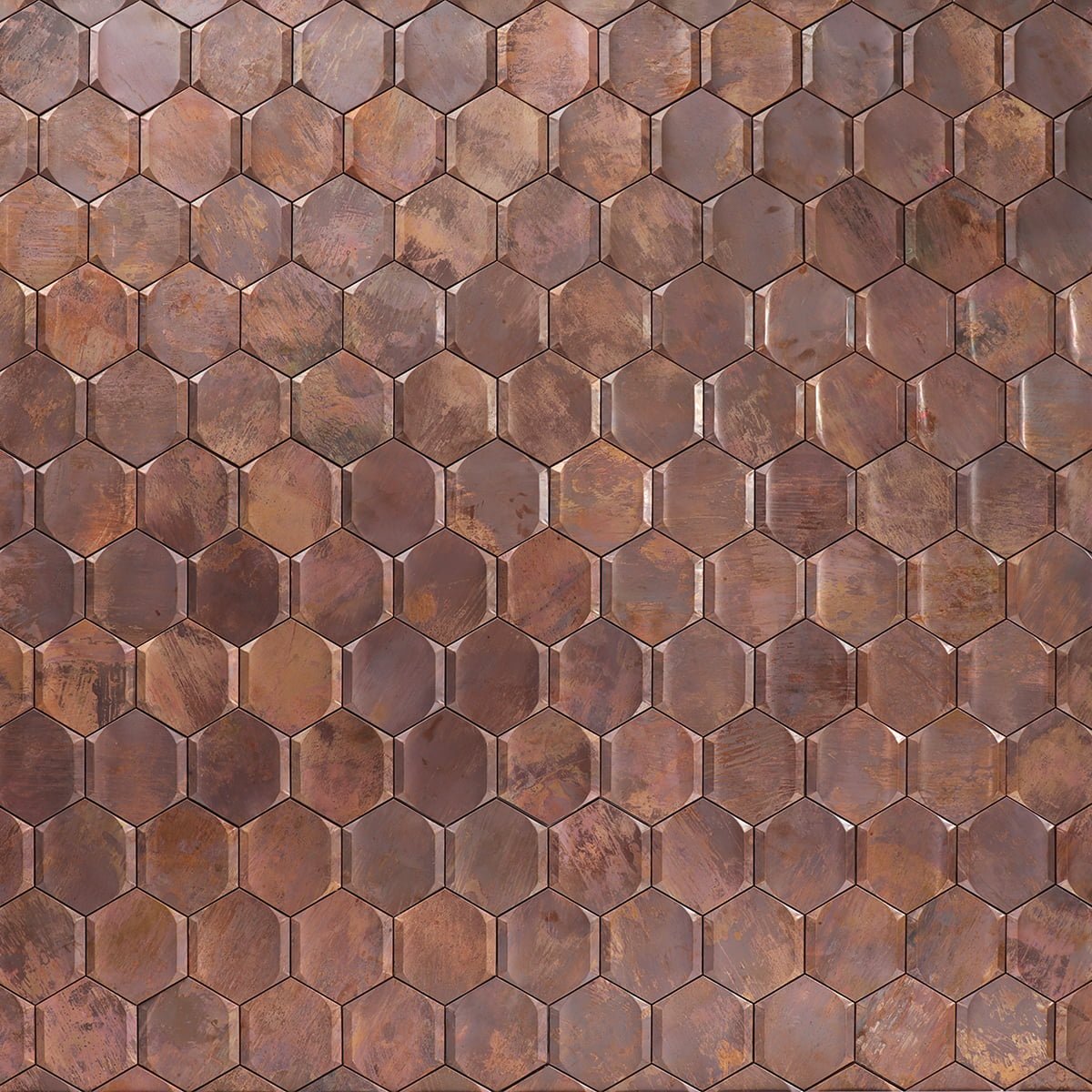 Close-up of vintage bronze hexagon mosaic tiles on a wall with textured surface