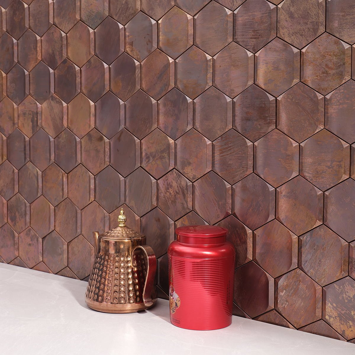 Vintage bronze hexagon mosaic tiles with traditional decor featuring a copper kettle