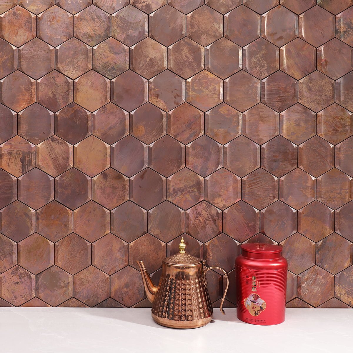 Hexagon bronze mosaic tile wall featuring traditional decor with a copper kettle