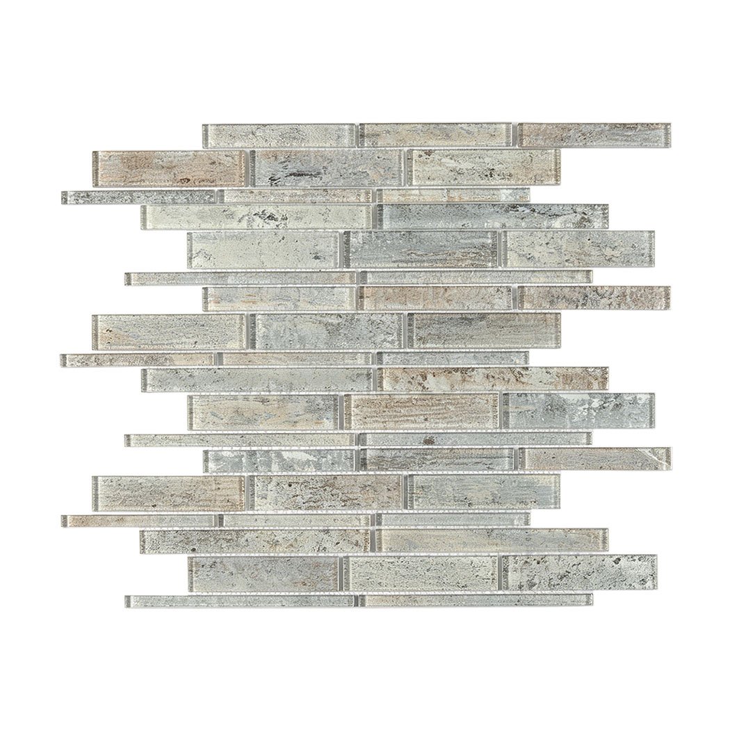 Weathered gray and beige linear glass mosaic sheet on white background