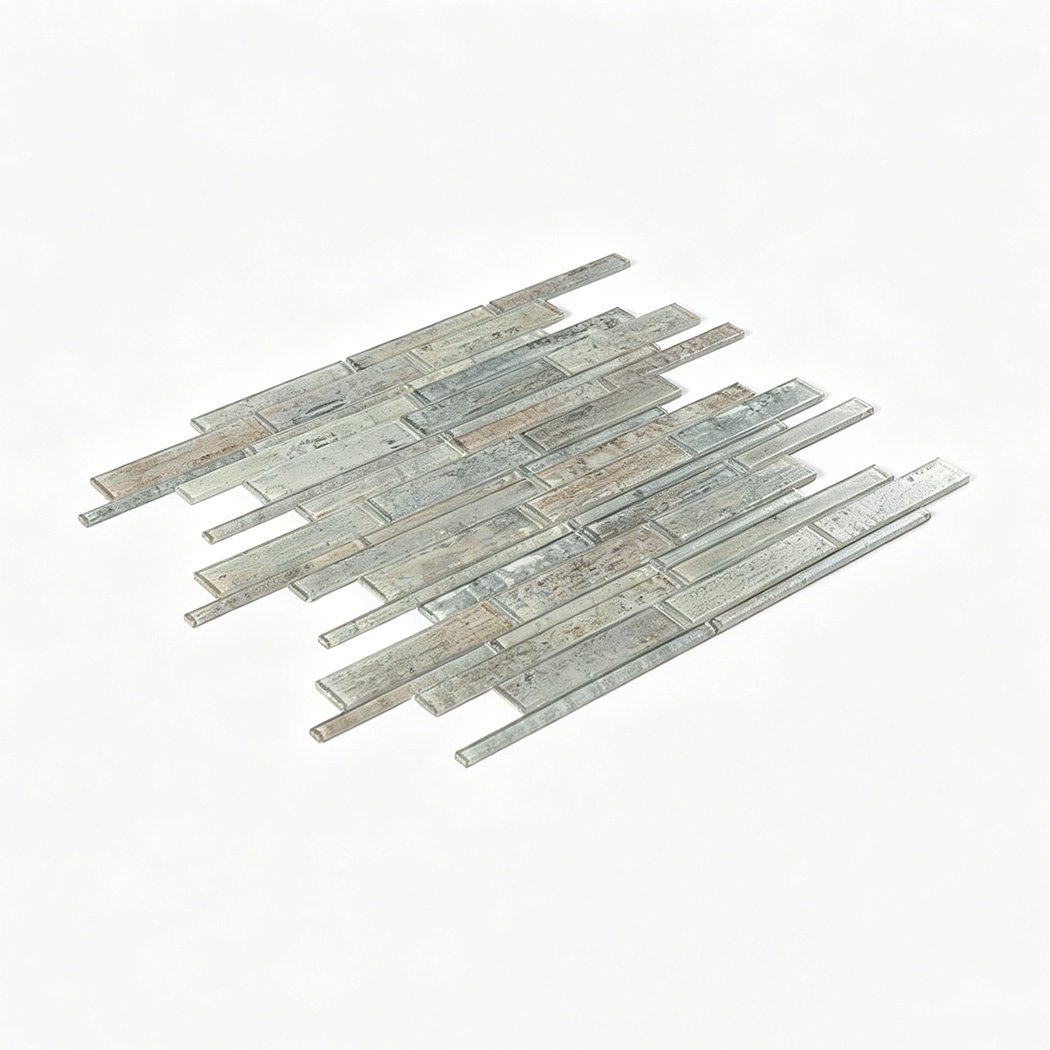 Perspective view of weathered gray beige linear glass mosaic tile sheet
