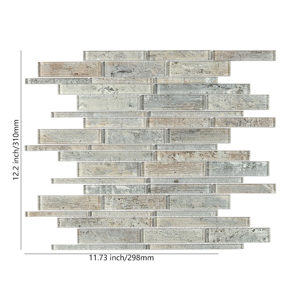 Weathered gray beige linear glass mosaic sheet with 298 mm size guide