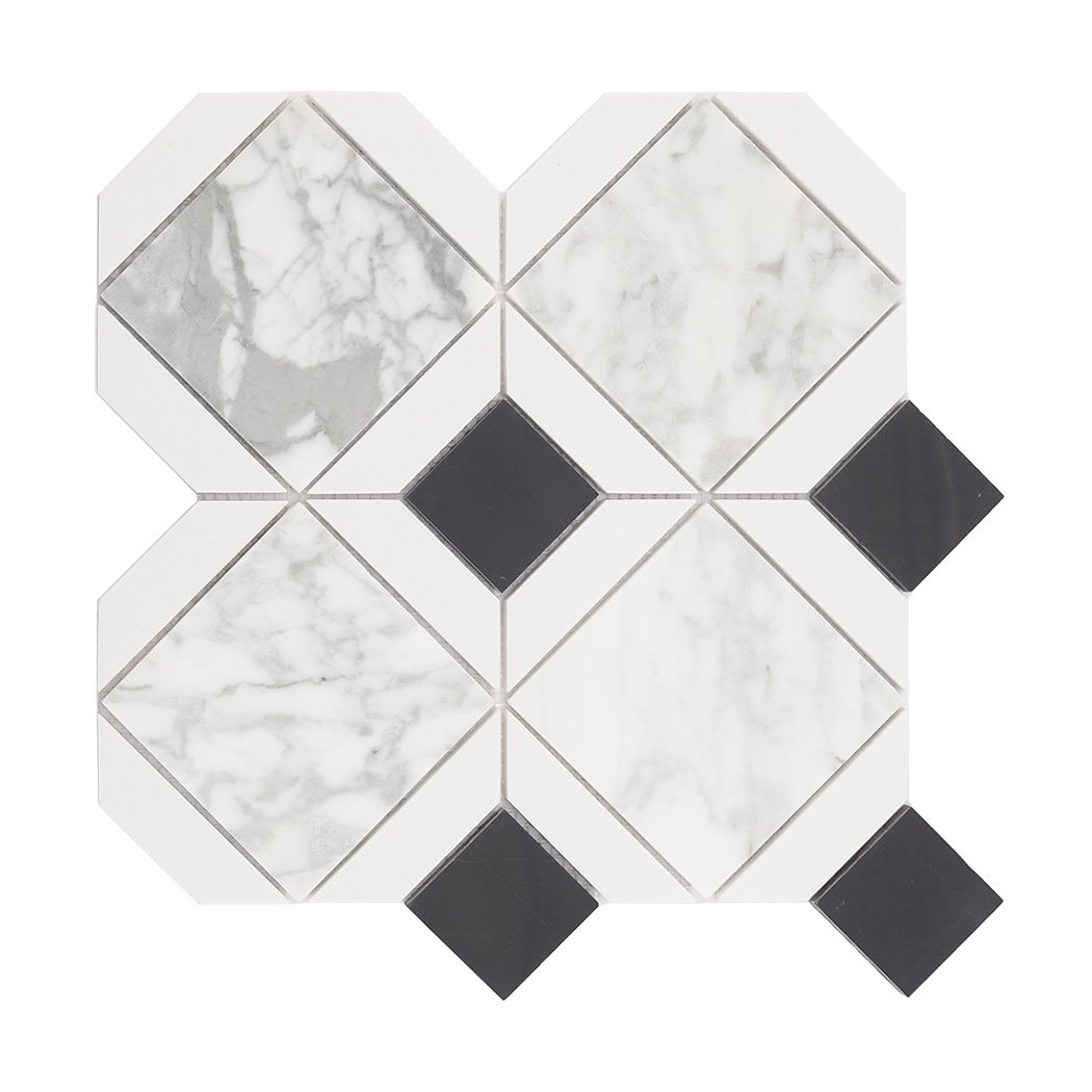 Full sheet of white and black marble mosaic tile in a geometric pattern