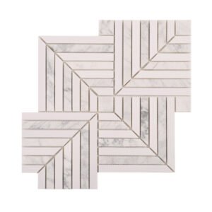 Single interlocking sheet of geometric marble mosaic tiles on a white background.