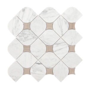 Full sheet view of white arabesque marble mosaic tile with beige accent details