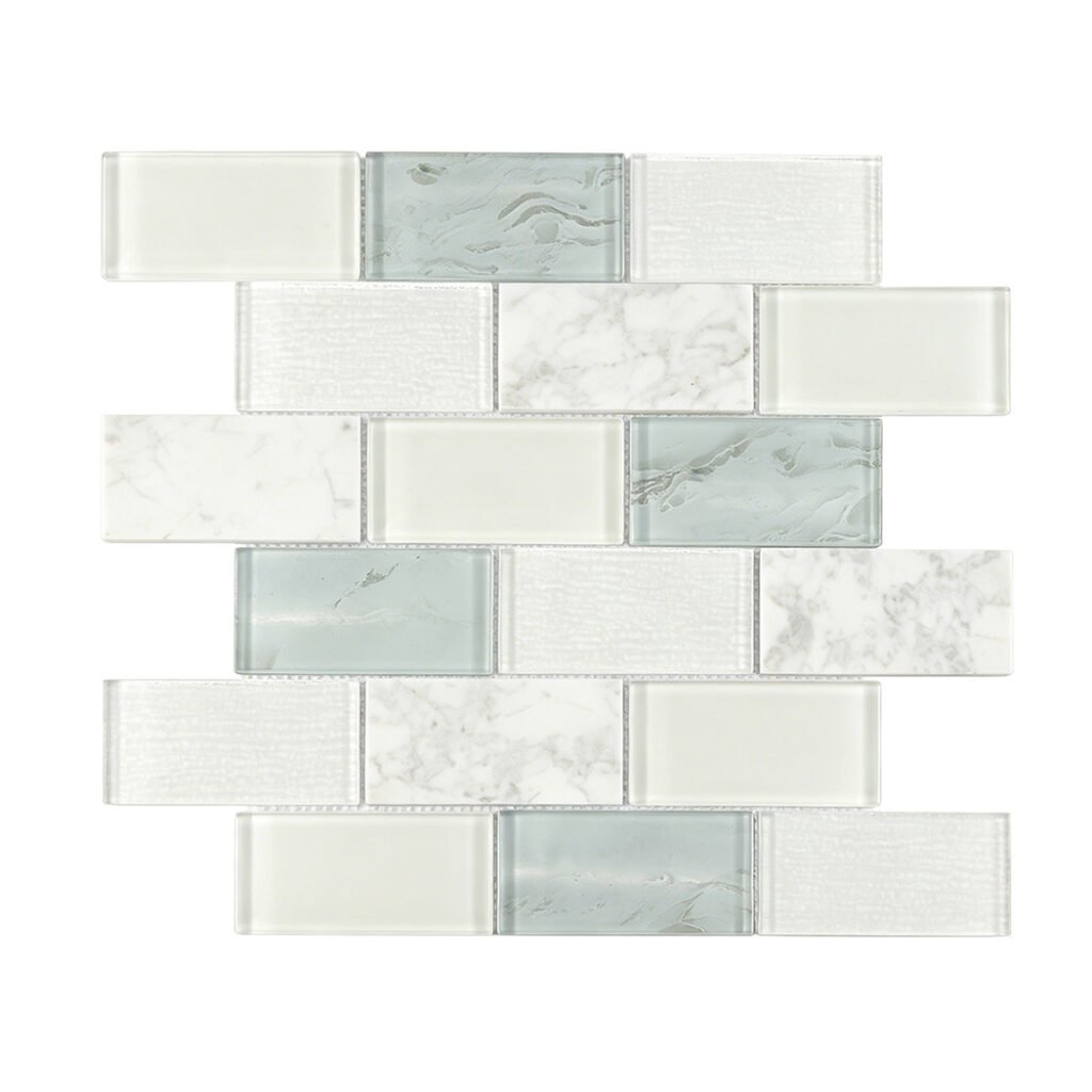 Piastrelle a mosaico in vetro e marmo – bianco / blu, formato metro