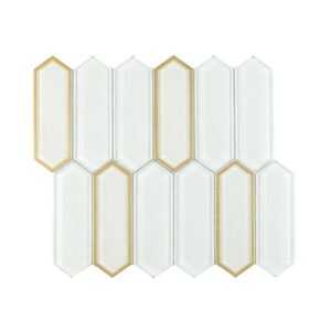 White elongated picket glass mosaic with electroplated gold glass accent pieces
