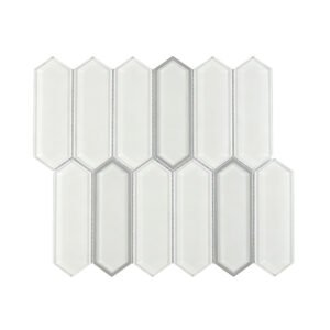 White frosted glass elongated hexagon mosaic tile sheet with beveled edges