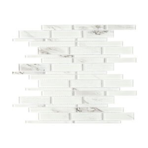 Front view of white frosted glass linear mosaic sheet on white background