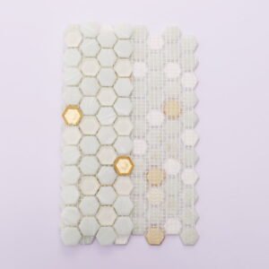 Mosaico de vidrio – blanco / dorado, hexagonal — BJ-522AE99363F0