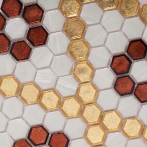 Piastrelle a mosaico in vetro – bianco / dorato / rosso, esagonale, floreale
