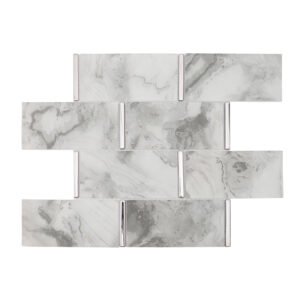 White and gray marble look glass subway mosaic tile sheet with silver accents