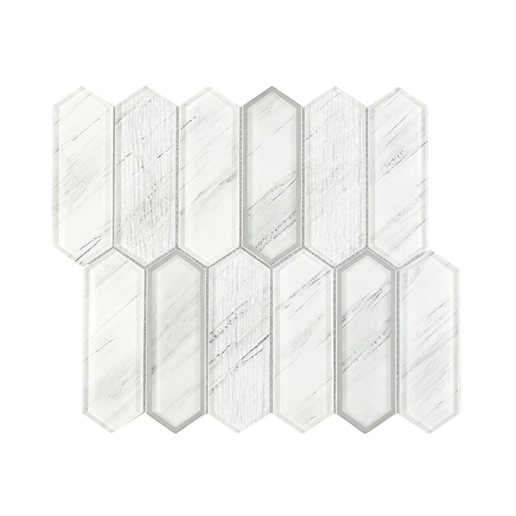 Mosaico de vidrio y mármol – blanco / gris, formato alargado