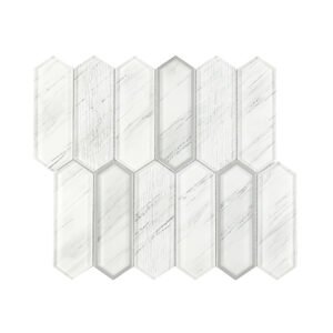 White gray veined elongated hexagon glass mosaic sheet with silver trim